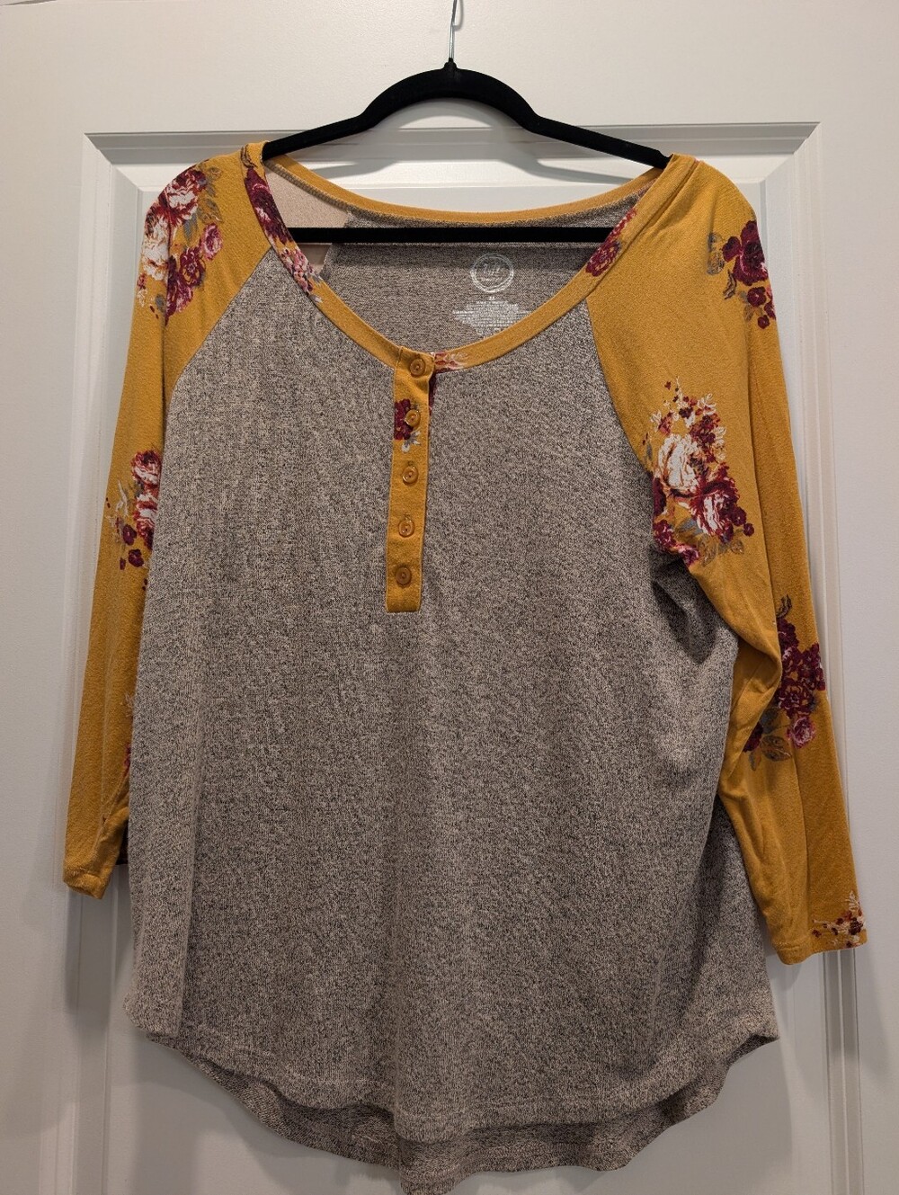Maurices Mustard Floral Raglan Henley Tunic Top